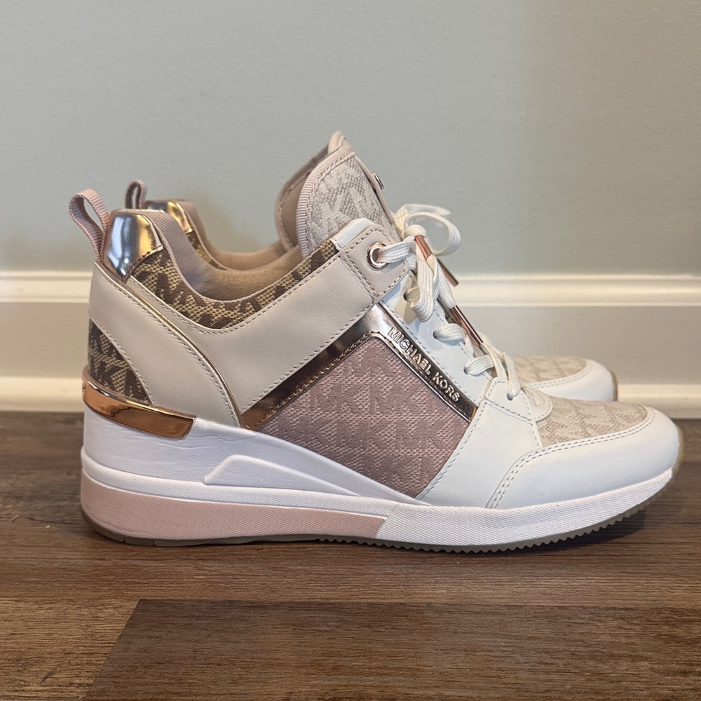 Michael Kors White and Blush Wedge Sneakers
